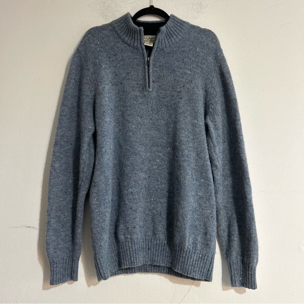 L.L. Bean Shetland Wool 1/4 Zip Elbow Patch Sweater Blue Size Large Fall Preppy